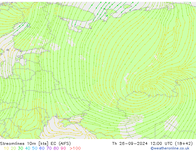 Streamlines 10m EC (AIFS) Čt 26.09.2024 12 UTC