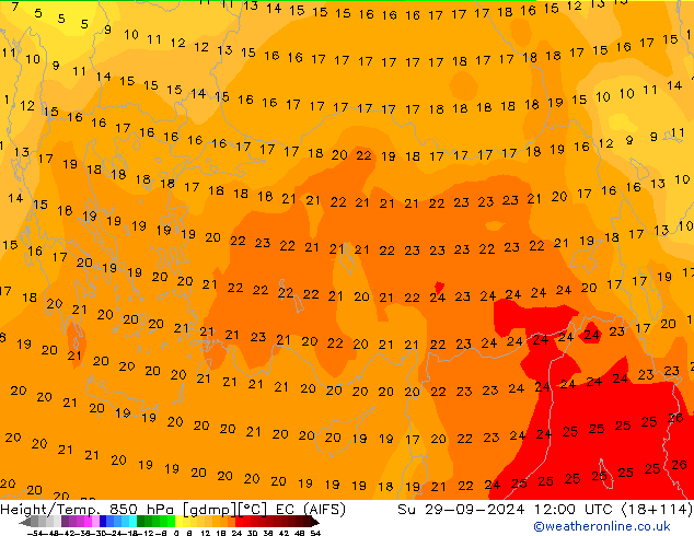 Geop./Temp. 850 hPa EC (AIFS) dom 29.09.2024 12 UTC