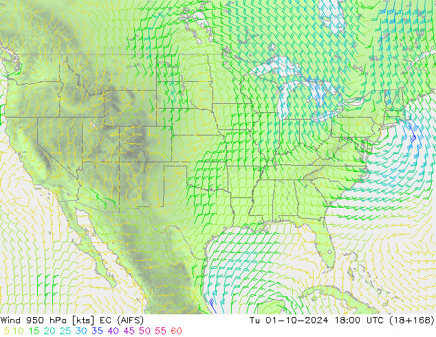 Vento 950 hPa EC (AIFS) mar 01.10.2024 18 UTC