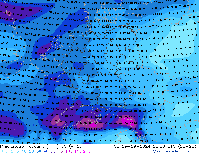 Precipitation accum. EC (AIFS) Dom 29.09.2024 00 UTC