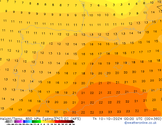 Geop./Temp. 850 hPa EC (AIFS) jue 10.10.2024 00 UTC