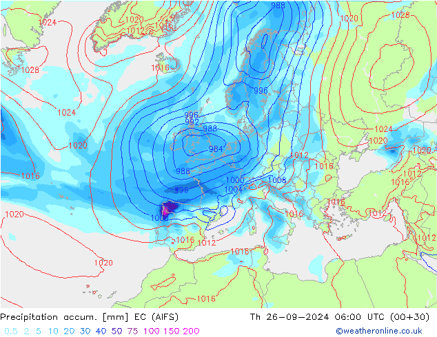 Precipitation accum. EC (AIFS) Th 26.09.2024 06 UTC