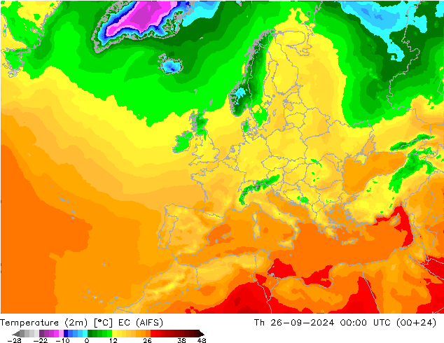 Temperature (2m) EC (AIFS) Th 26.09.2024 00 UTC