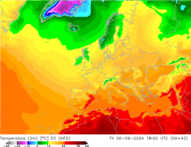 Temperatura (2m) EC (AIFS) Qui 26.09.2024 18 UTC