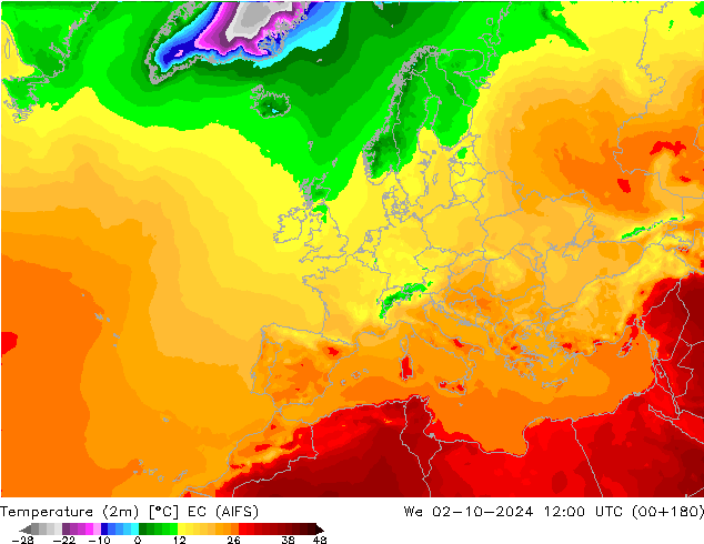 mapa temperatury (2m) EC (AIFS) śro. 02.10.2024 12 UTC