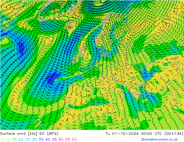 Wind 10 m EC (AIFS) di 01.10.2024 00 UTC