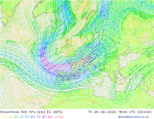 Streamlines 500 hPa EC (AIFS) Th 26.09.2024 18 UTC