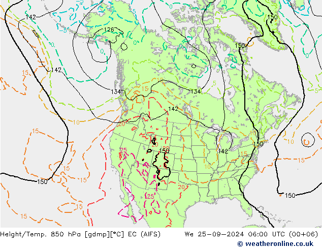 Hoogte/Temp. 850 hPa EC (AIFS) wo 25.09.2024 06 UTC