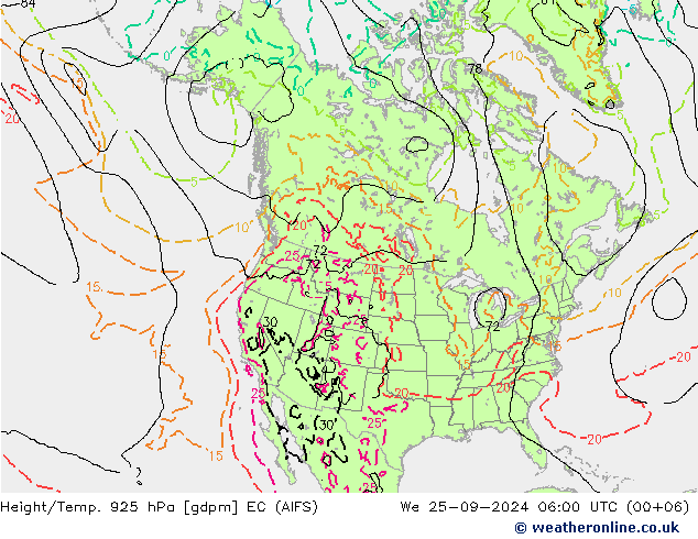 Yükseklik/Sıc. 925 hPa EC (AIFS) Çar 25.09.2024 06 UTC