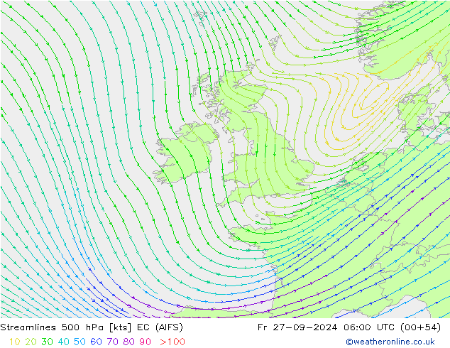 Streamlines 500 hPa EC (AIFS) Fr 27.09.2024 06 UTC