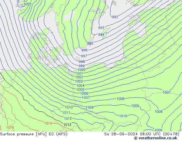 Surface pressure EC (AIFS) Sa 28.09.2024 06 UTC