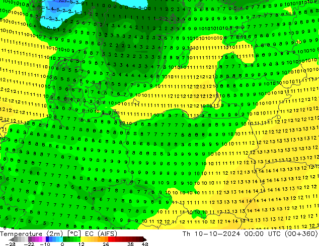 Temperature (2m) EC (AIFS) Th 10.10.2024 00 UTC