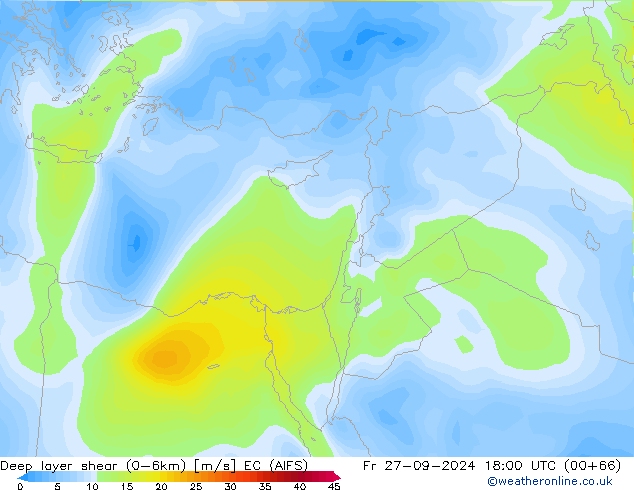 Deep layer shear (0-6km) EC (AIFS) Cu 27.09.2024 18 UTC