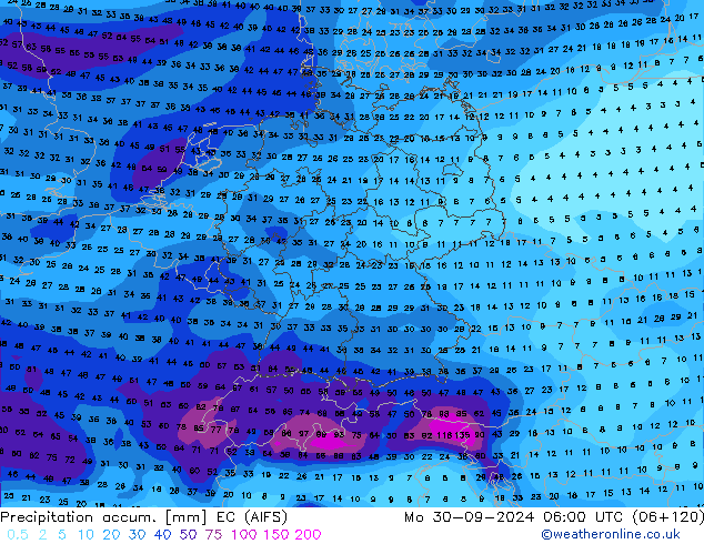 Precipitation accum. EC (AIFS) Po 30.09.2024 06 UTC