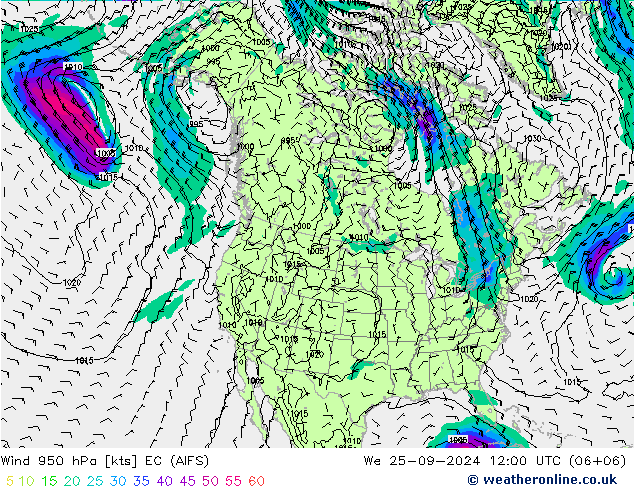 wiatr 950 hPa EC (AIFS) śro. 25.09.2024 12 UTC