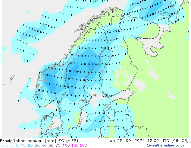 Precipitation accum. EC (AIFS) śro. 25.09.2024 12 UTC