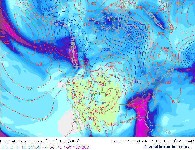 Precipitation accum. EC (AIFS) mar 01.10.2024 12 UTC