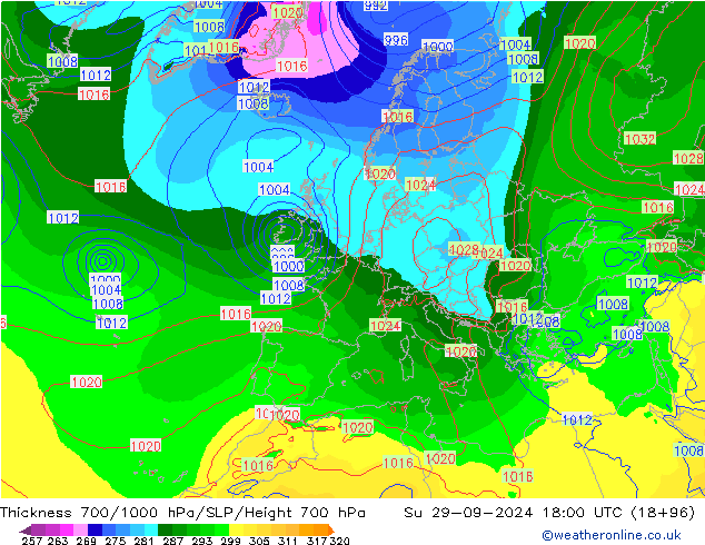 Thck 700-1000 hPa EC (AIFS) dom 29.09.2024 18 UTC