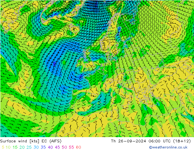 Viento 10 m EC (AIFS) jue 26.09.2024 06 UTC