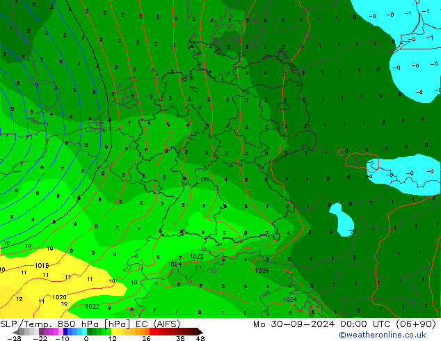 SLP/Temp. 850 hPa EC (AIFS) Po 30.09.2024 00 UTC