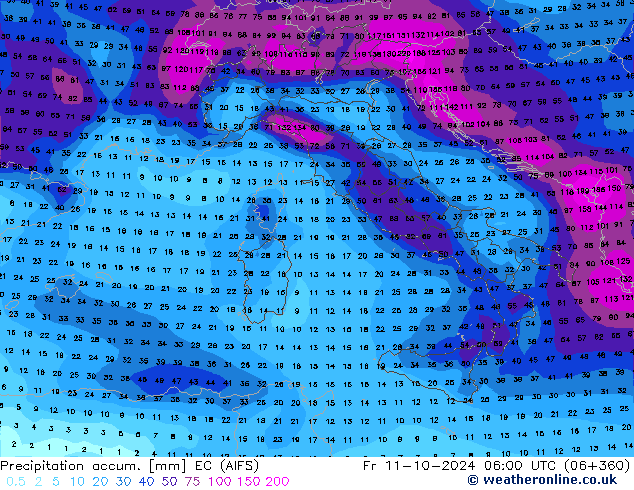 Précipitation accum. EC (AIFS) ven 11.10.2024 06 UTC