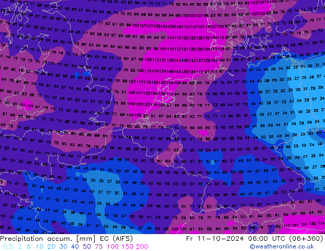 Precipitation accum. EC (AIFS) Pá 11.10.2024 06 UTC