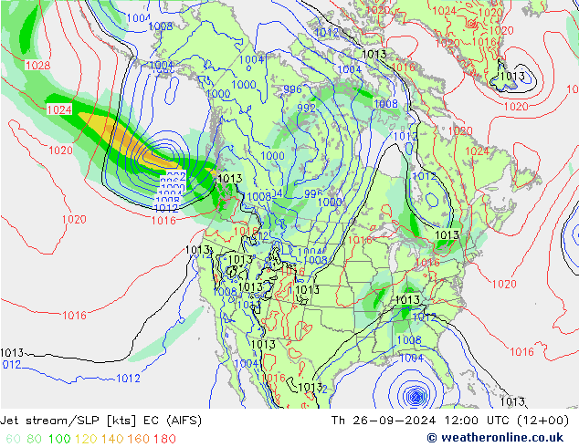 Jet stream/SLP EC (AIFS) Čt 26.09.2024 12 UTC