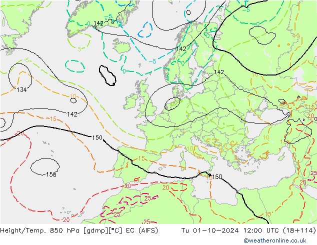 Geop./Temp. 850 hPa EC (AIFS) mar 01.10.2024 12 UTC