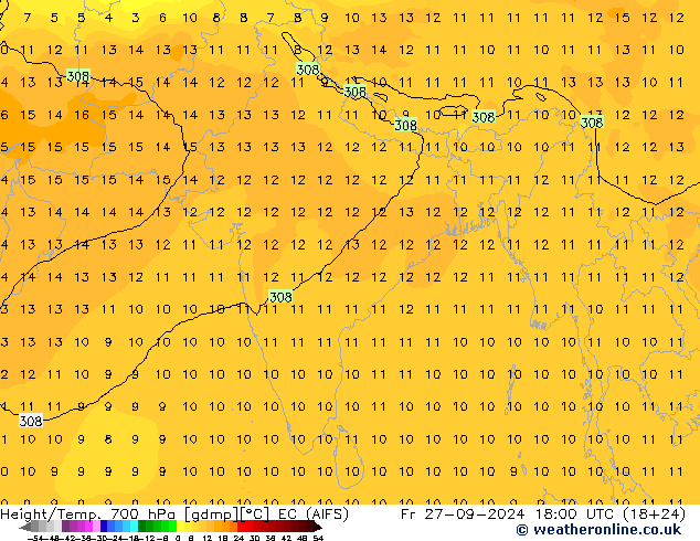 Géop./Temp. 700 hPa EC (AIFS) ven 27.09.2024 18 UTC