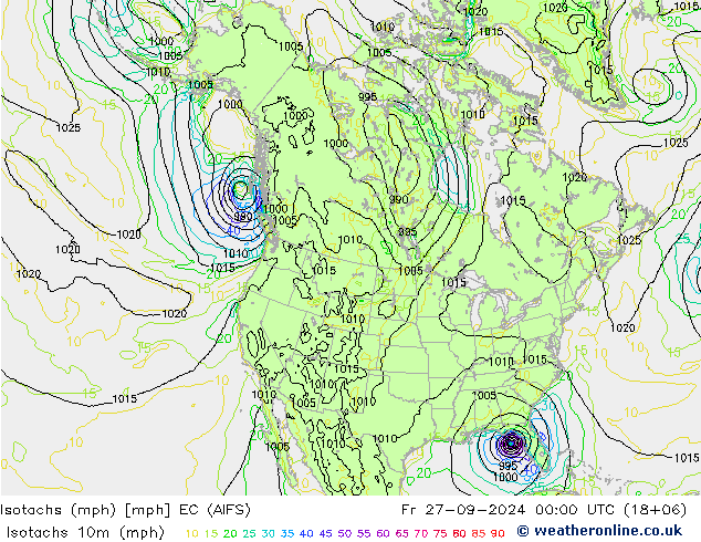 Isotaca (mph) EC (AIFS) vie 27.09.2024 00 UTC