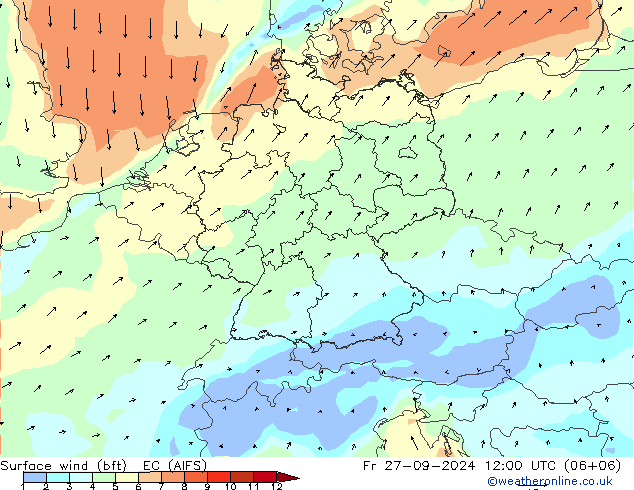 Wind 10 m (bft) EC (AIFS) vr 27.09.2024 12 UTC