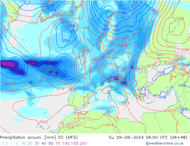 Precipitation accum. EC (AIFS) 星期日 29.09.2024 06 UTC