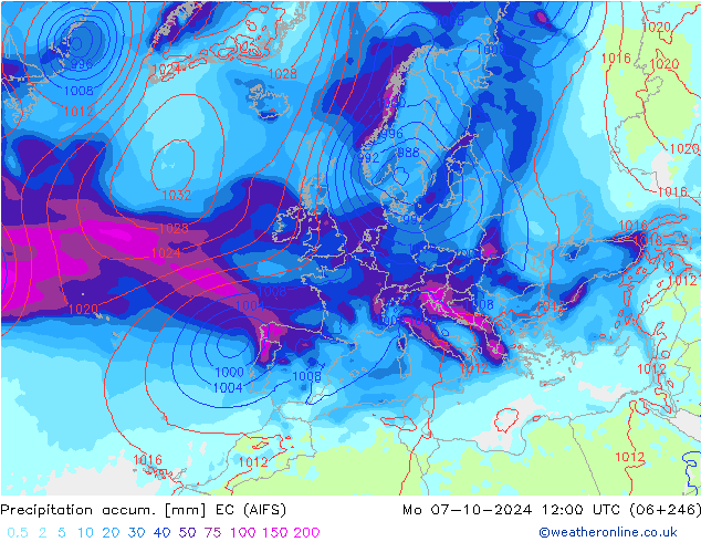 Precipitation accum. EC (AIFS) 星期一 07.10.2024 12 UTC