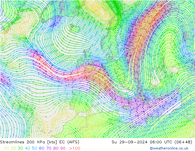 Stroomlijn 200 hPa EC (AIFS) zo 29.09.2024 06 UTC