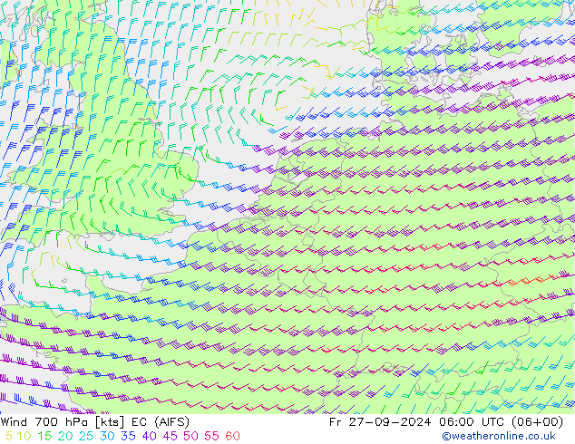 Wind 700 hPa EC (AIFS) vr 27.09.2024 06 UTC