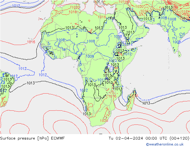 Surface pressure ECMWF Tu 02.04.2024 00 UTC