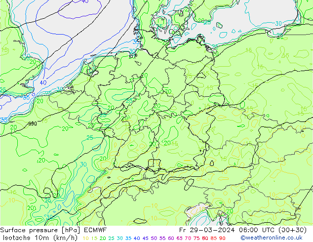 Isotachs (kph) ECMWF Fr 29.03.2024 06 UTC