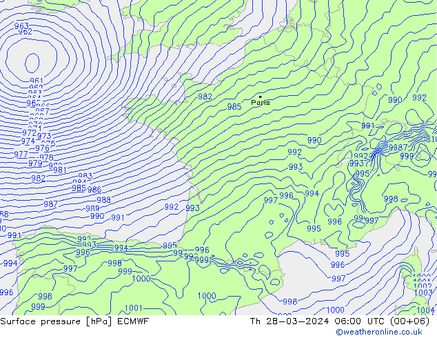 Pressione al suolo ECMWF gio 28.03.2024 06 UTC
