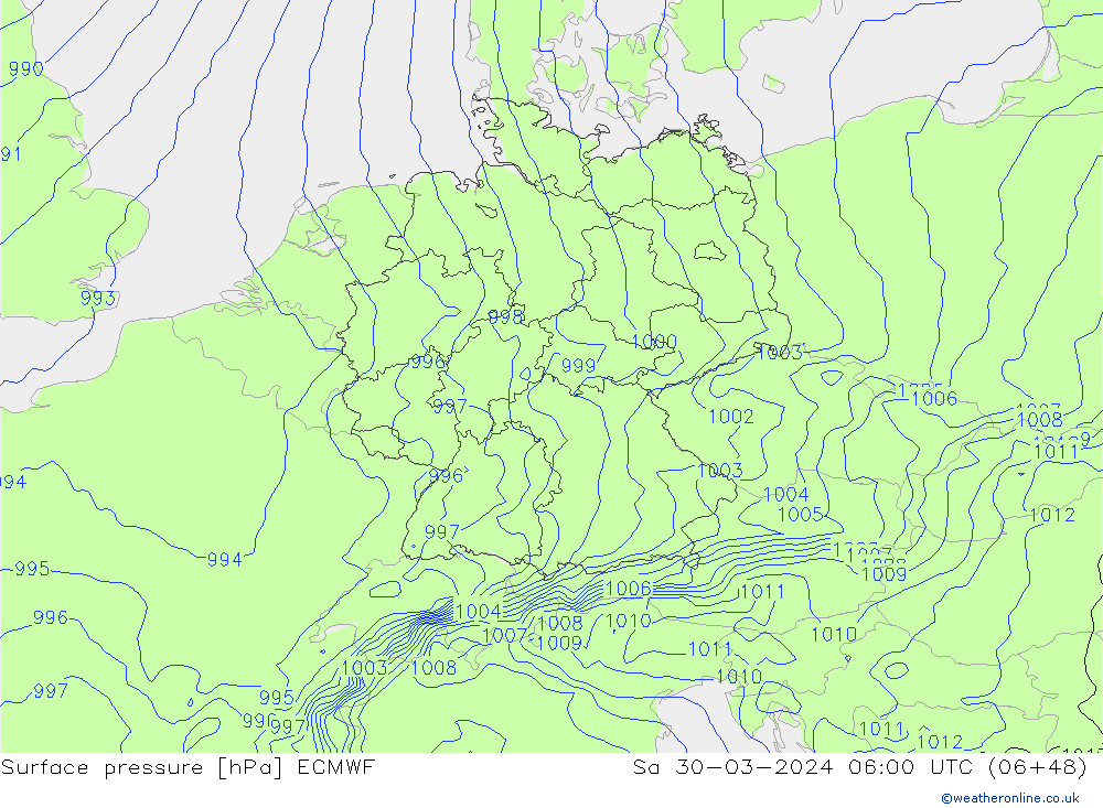 Bodendruck ECMWF Sa 30.03.2024 06 UTC