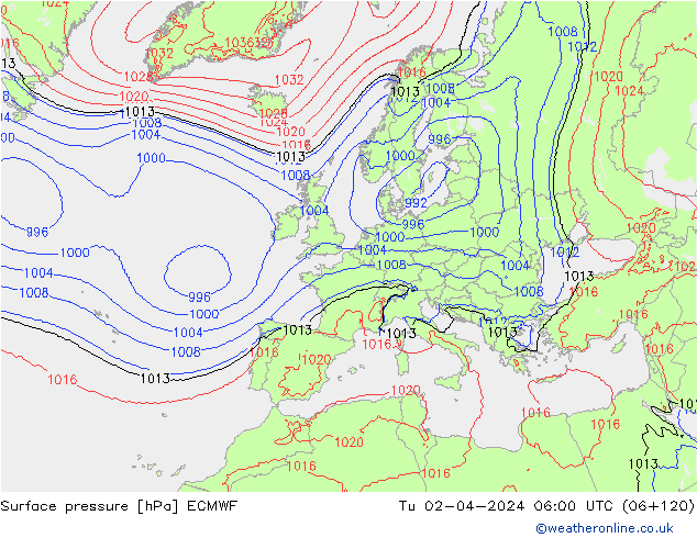 Surface pressure ECMWF Tu 02.04.2024 06 UTC