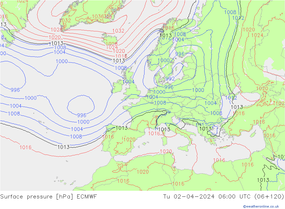 Surface pressure ECMWF Tu 02.04.2024 06 UTC