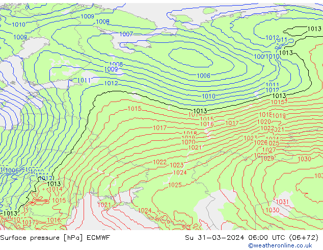 Luchtdruk (Grond) ECMWF zo 31.03.2024 06 UTC