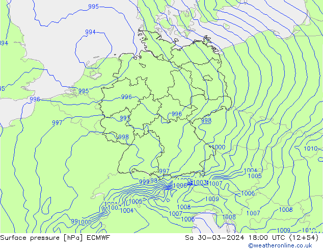 Bodendruck ECMWF Sa 30.03.2024 18 UTC