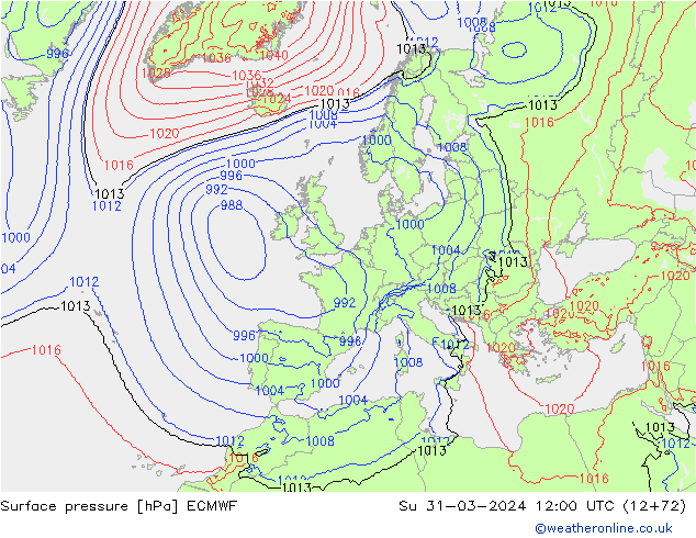 Atmosférický tlak ECMWF Ne 31.03.2024 12 UTC