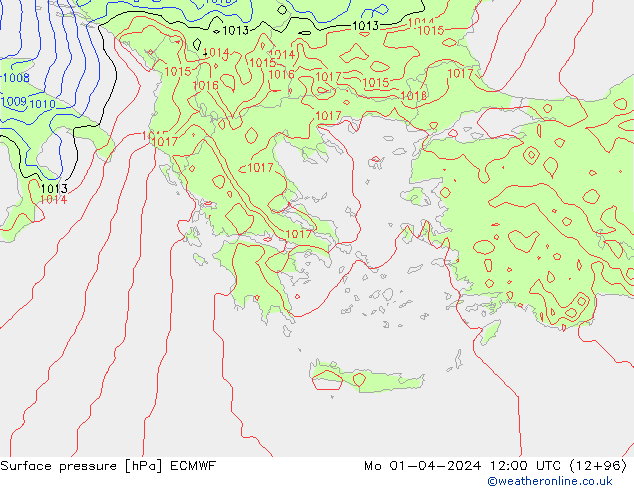 Presión superficial ECMWF lun 01.04.2024 12 UTC