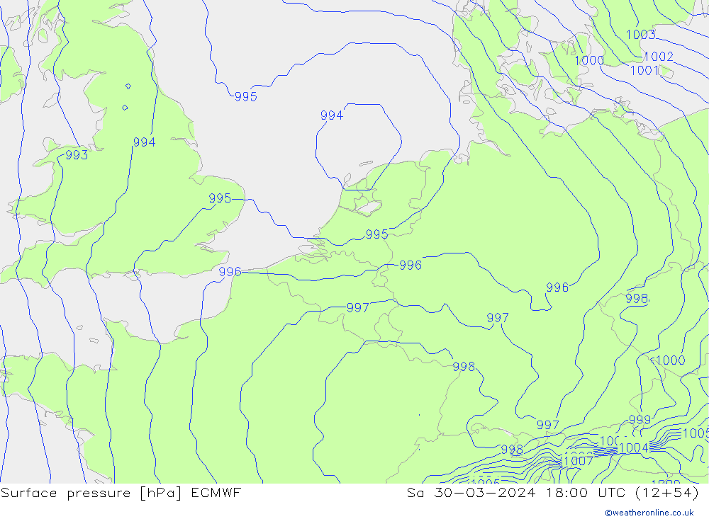 Surface pressure ECMWF Sa 30.03.2024 18 UTC