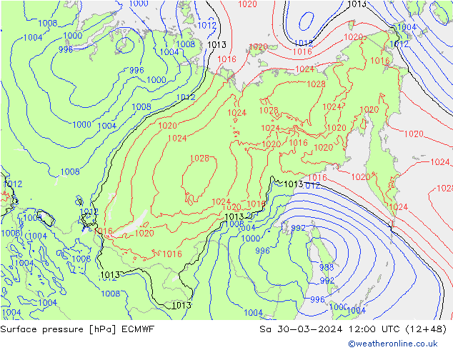 Bodendruck ECMWF Sa 30.03.2024 12 UTC