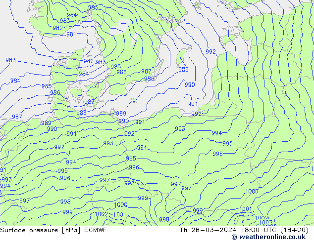 Surface pressure ECMWF Th 28.03.2024 18 UTC