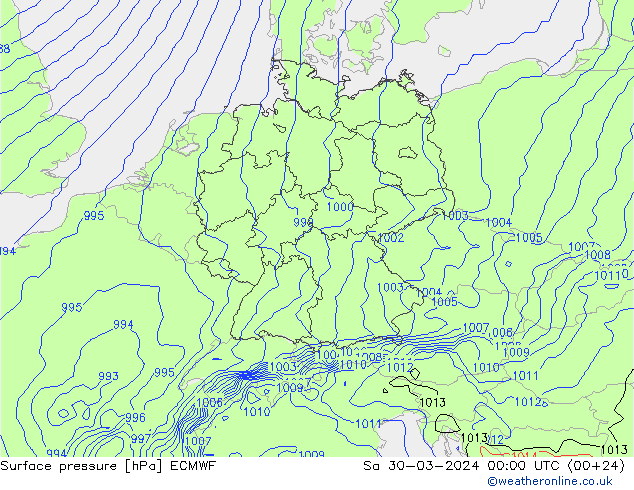 Presión superficial ECMWF sáb 30.03.2024 00 UTC