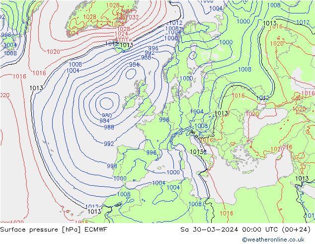Atmosférický tlak ECMWF So 30.03.2024 00 UTC